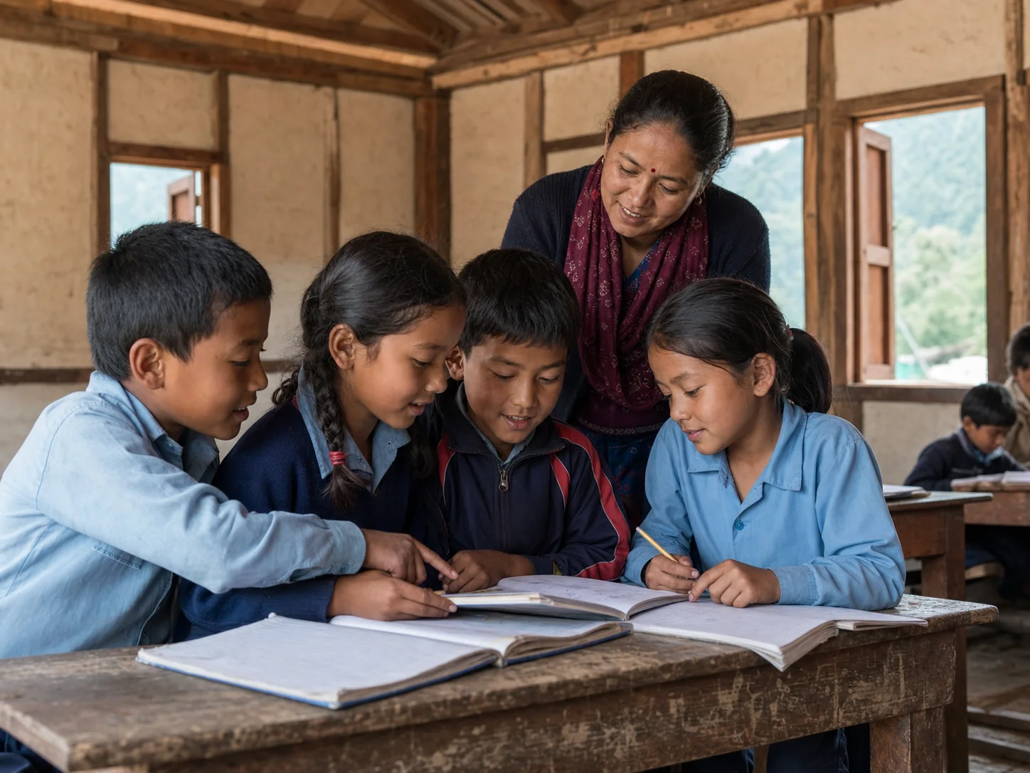 Children learning together with their teacher in a rural Nepali classroom