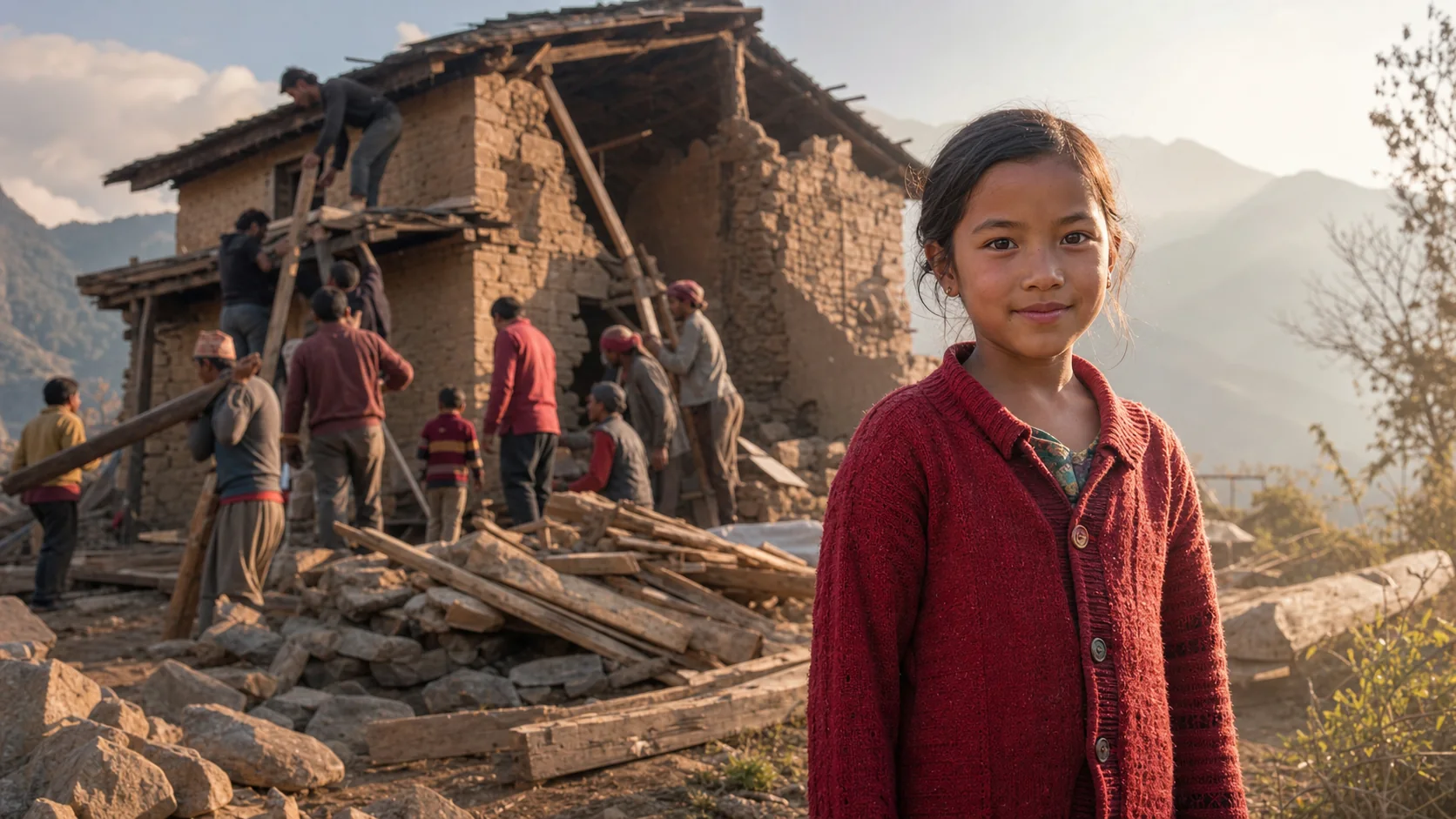 A child standing near a damaged rural home as neighbours work together to rebuild it